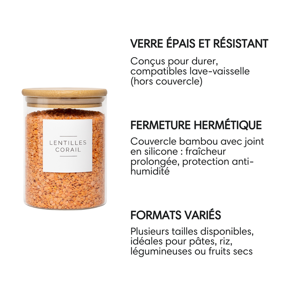 caractéristiques bocaux en verre et bambou