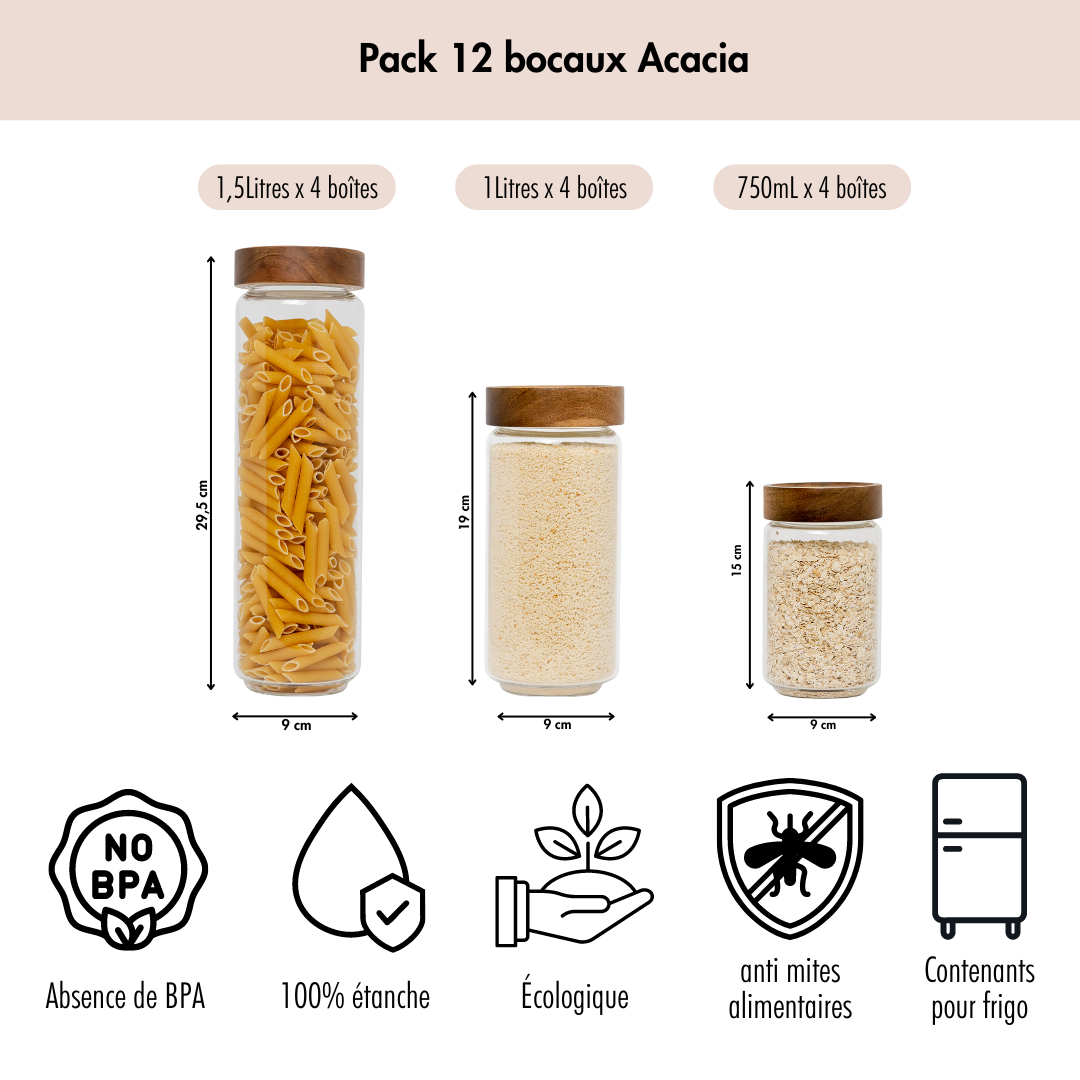 Pack 12 bocaux verre et acacia