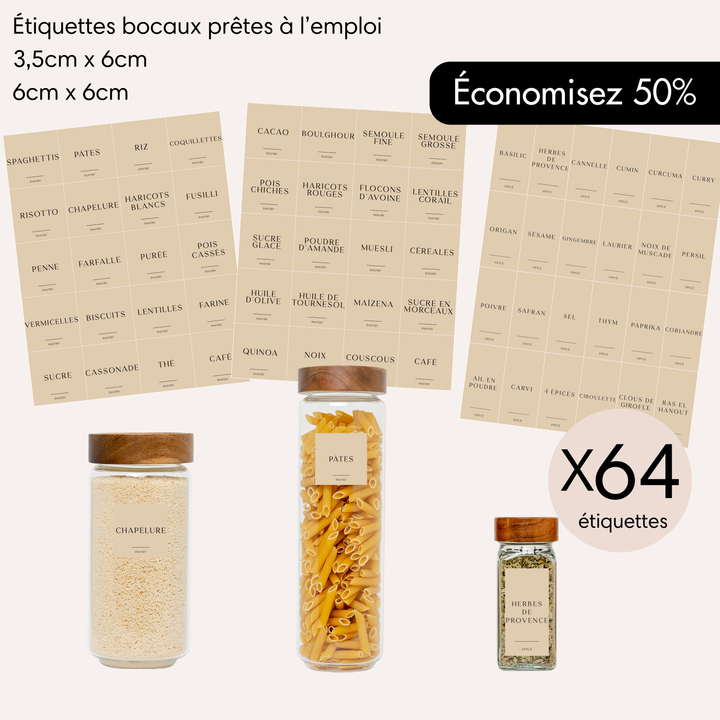 64 étiquettes bocaux et épices style nude