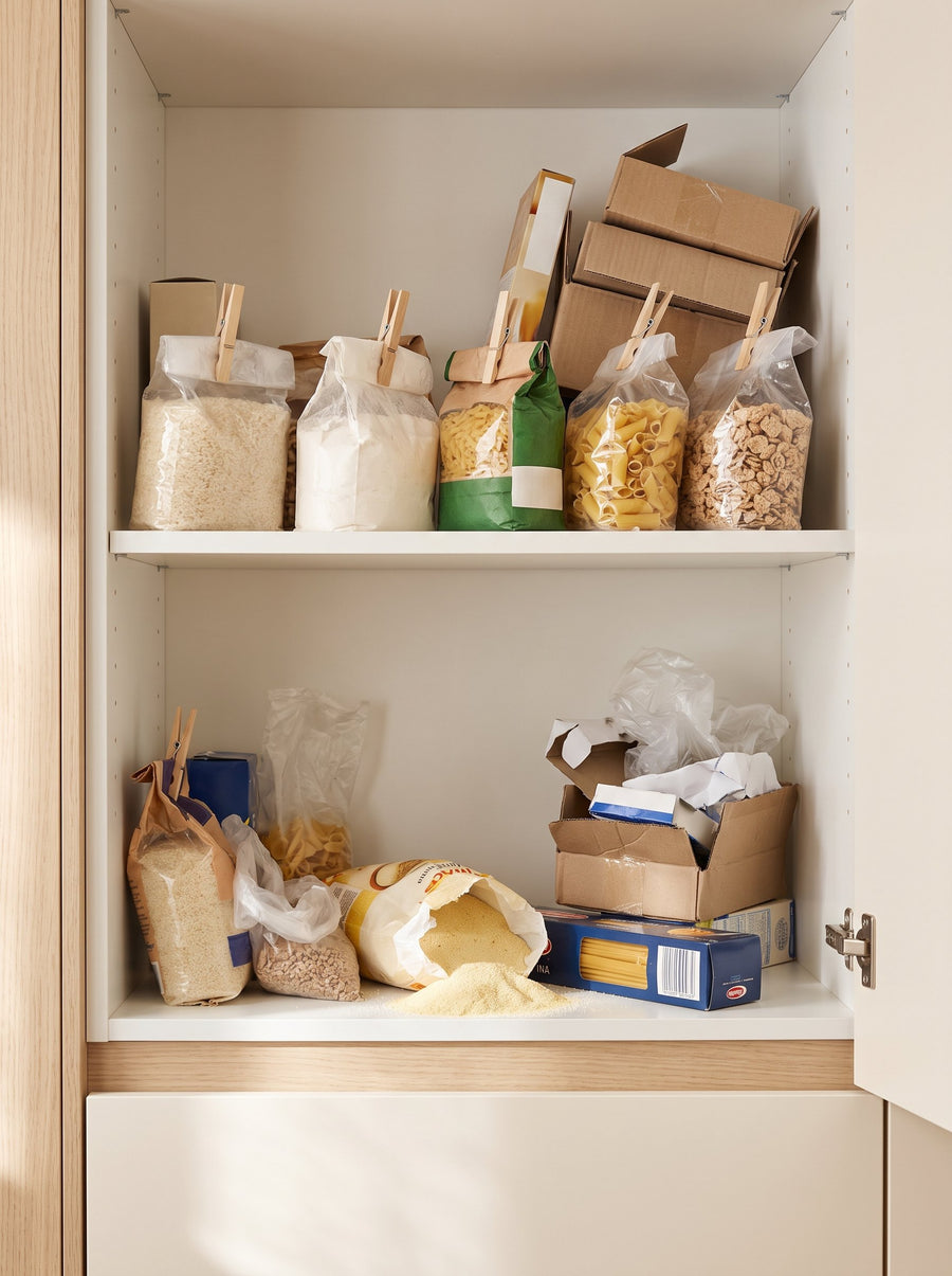 Placard de cuisine en désordre avec des paquets ouverts fermés par des pinces à linge